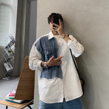 Men Shirts Retro Loose Stitching Long Sleeve Denim Coat