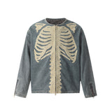 Unisex Denim Jacket Skeleton Embroidered Loose Cardigan Denim Jacket