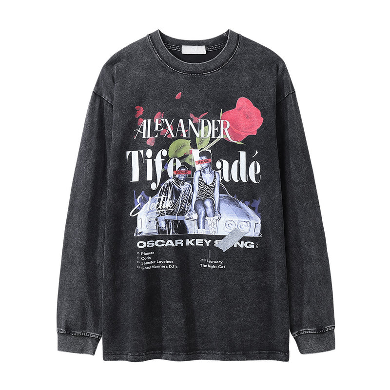 Men Long Sleeve T-Shirt Hip Hop Rose Character Print Loose Distressed