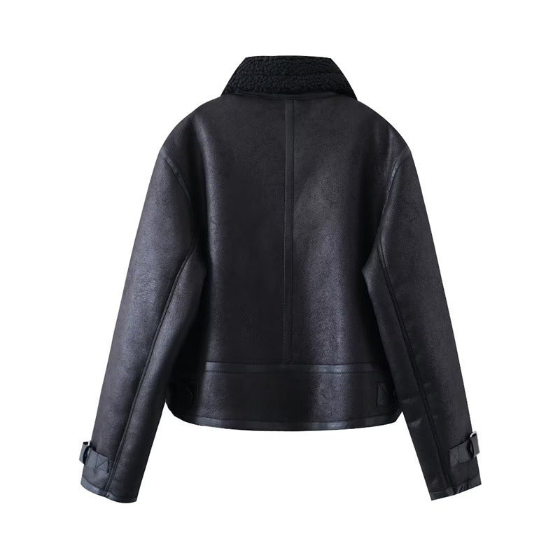 Women Cotton Coat Lamb Fur Warm Pu Leather