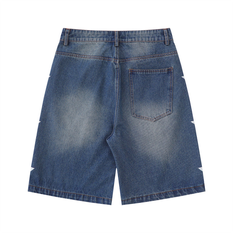 Men Shorts XINGX Printed Denim Shorts Loose Wash Brushed White