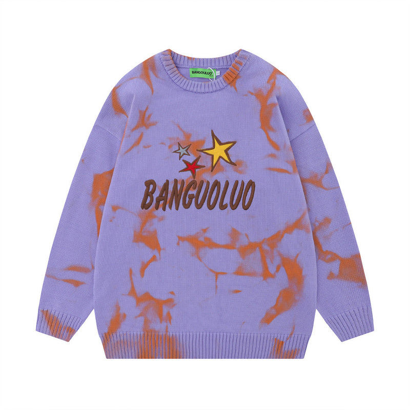 Men Sweater Tie-Dyed Embroidered Sweater Loose Autumn and Winter