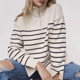 Women Work Business Casual Sweaters Half Zip High Collar Loose Striped Knitted Sweater
