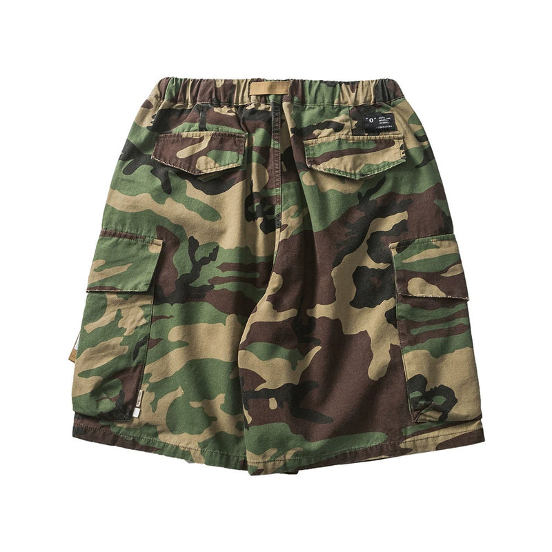 Men Shorts with Belt Camouflage Cropped Pants Men's Loose Multi-Pocket