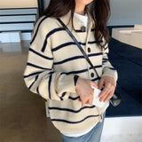 Women Knitted Cardigan Retro Casual Loose Striped Sweater