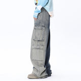 Men Jeans Denim Overalls Loose Multi-Pocket Inkjet Trousers