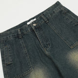 Men Jeans Retro Overalls Multi-Pocket Loose Raw Hem