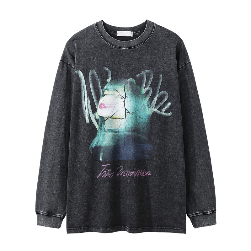Men Long Sleeve T-Shirt Beautiful Girl Cartoon Portrait Printing Loose Casual Distressed