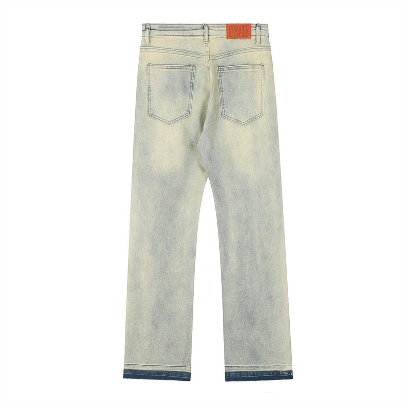Men Jeans Vintage Yellow Mud Zipper Slit Loose