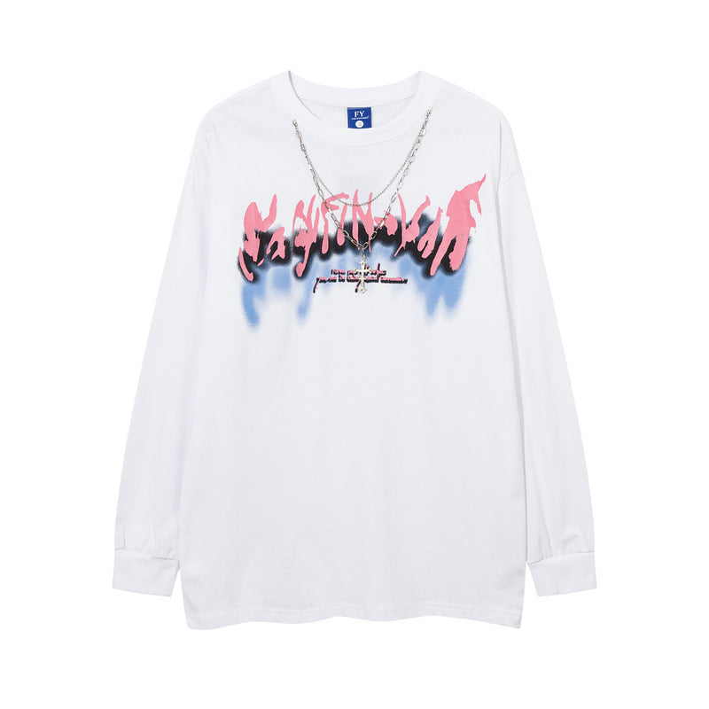 Men Long Sleeve T-Shirt Graffiti Personalized Printed Necklace Decoration