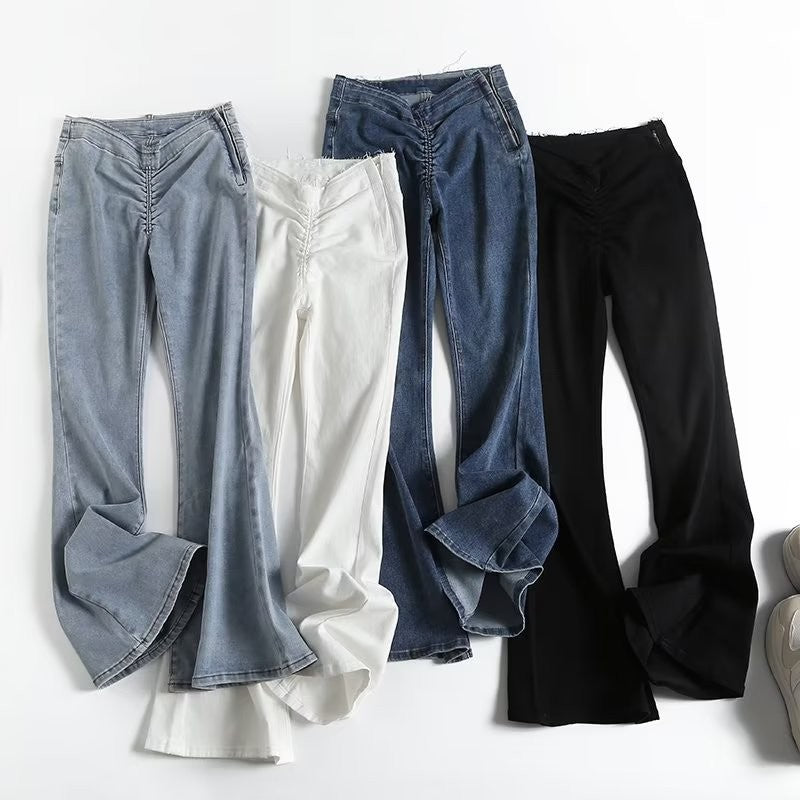 Women Jeans Hot Girl Pleated Stretch Flared Pants