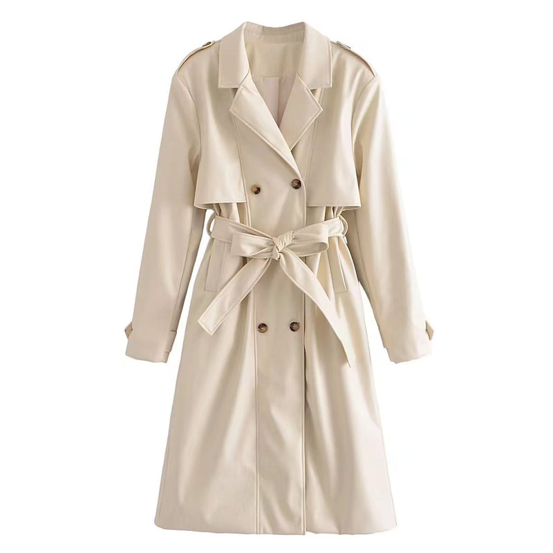 Women Trench Coat PU Leather Trench Coat Mid-Length Trench Coat