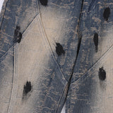 Men Jeans Stitching Polished White Distressed Jacquard Splash-Ink