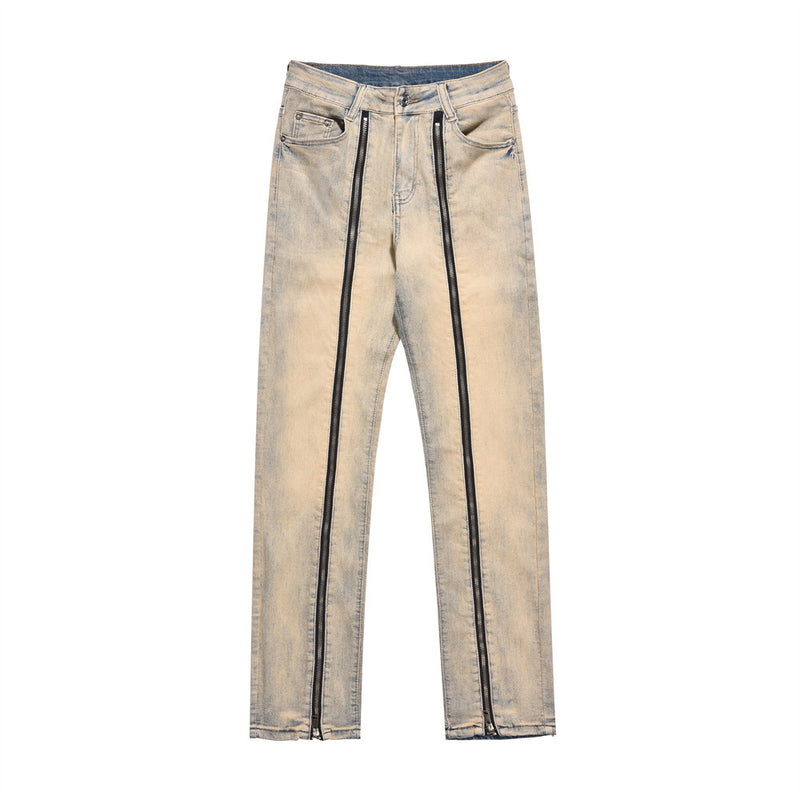 Men Jeans Yellow Mud Color Stitching Loose Zip Trousers