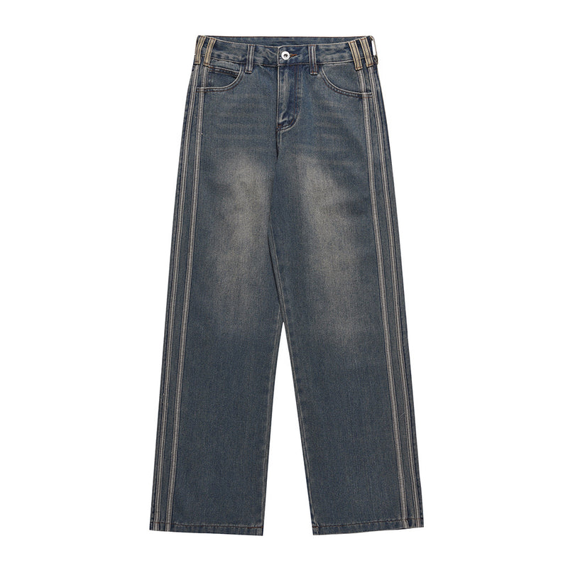 Men Jeans Side Stripes Stitching Loose Distressed