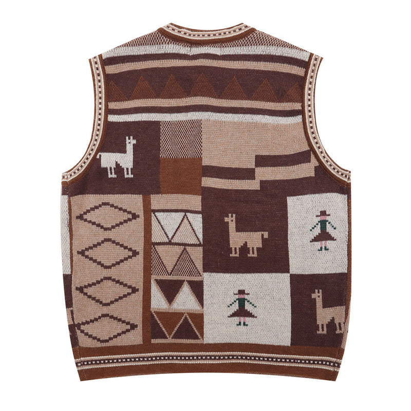 Men Sweater Contrast Color Jacquard round Neck Cardigan Sweater Vest Retro