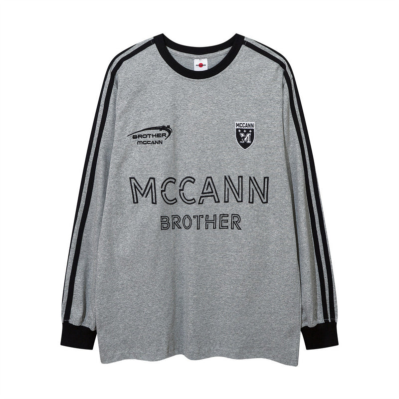 Men Long Sleeve T-shirt Patchwork Stripes Embroidery Loose Sports