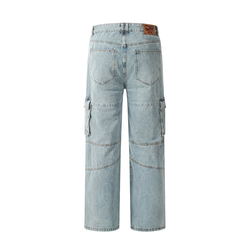 Men Jeans Multi-Pocket Stitching Loose Casual
