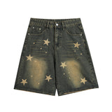 Men Shorts Baggy Denim Shorts Five-Pointed Star Printing Wash White