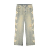 Men Jeans Five-Pointed Star Printing Loose Hole Worn