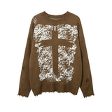 Women Sweater Cross Ripped Vintage Knitted Top
