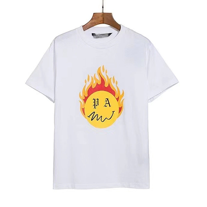 Palm Angle T Shirts Burning Flame Ball Printing Couple Loose