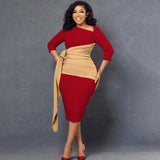 Women Dress Color Matching Diagonal Collar Package Hip Dress