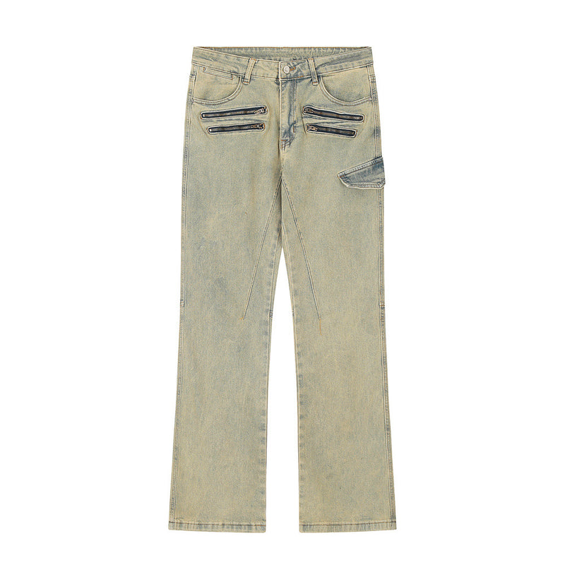 Men Jeans Distressed Yellow Mud Color Zipper Decorations Loose