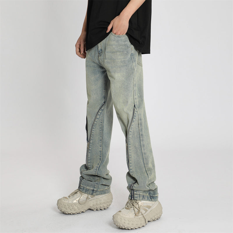 Men Jeans Zipper Stitching Trousers