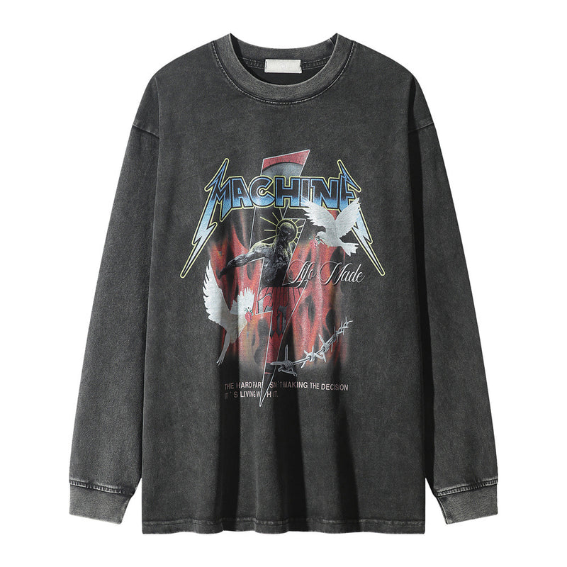 Men Long Sleeve T-Shirt Demon Flame Pattern Distressed