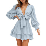 Valentine's Day Dress Autumn Long Sleeve Ruffled Solid Color Dress for Women