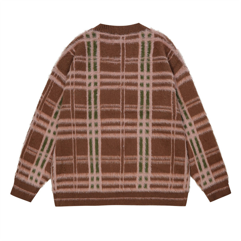Men Sweater Striped Plaid V-neck Cardigan Sweater