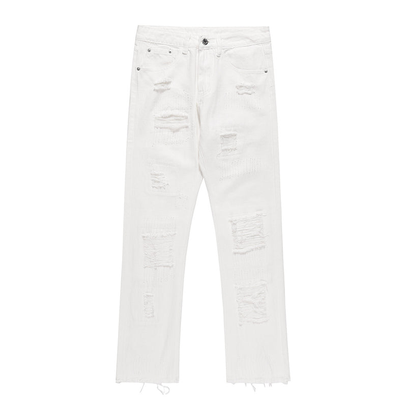 Men Jeans Raw Hem Ripped Loose Casual