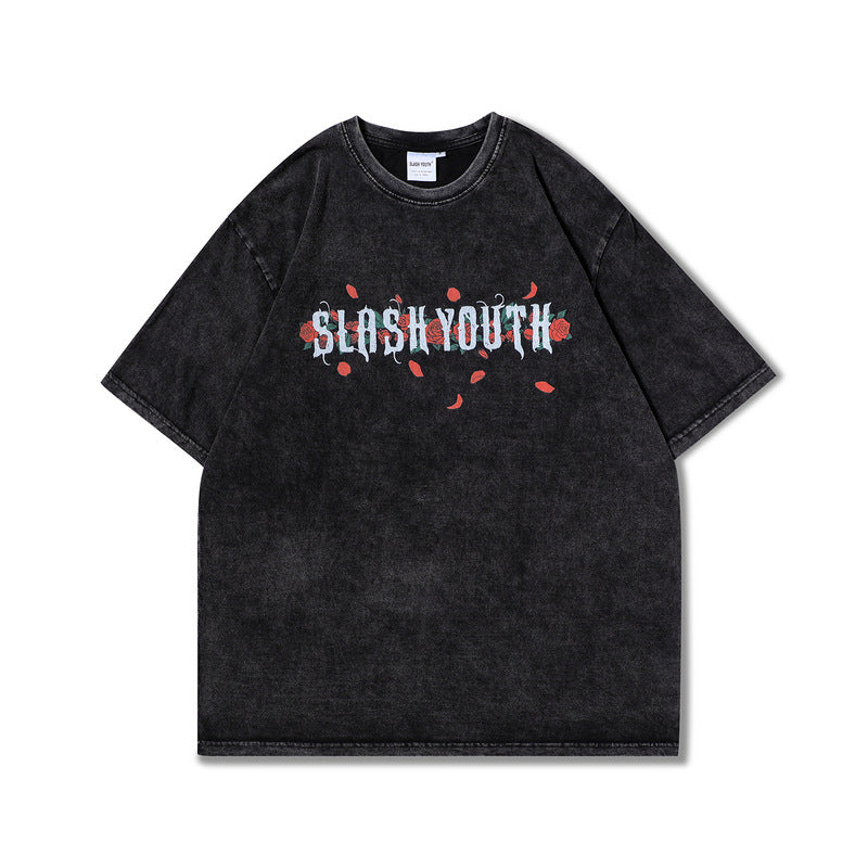 Men T-Shirt Cross Rose Print Distressed