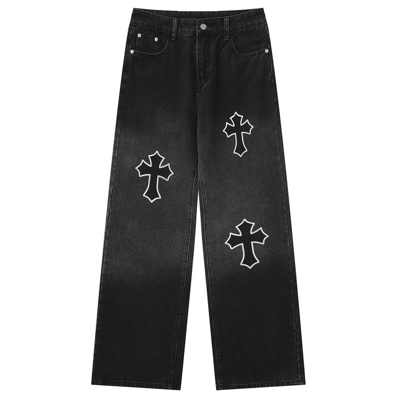 Men Jeans Gradient Color Cross Printed Jeans