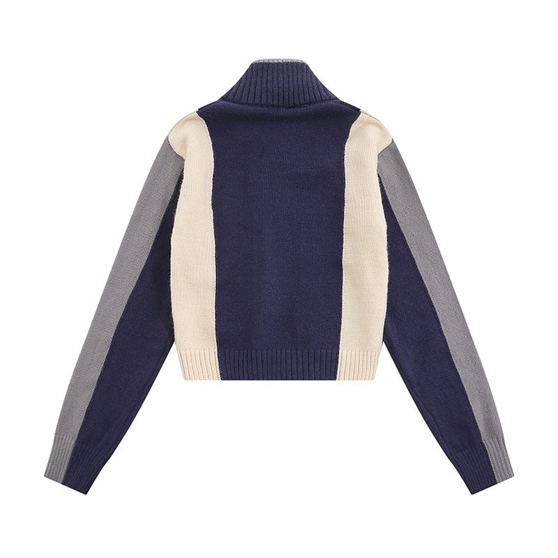 Women Sweater Color Matching College Fan Cardigan Zipper Stand Collar