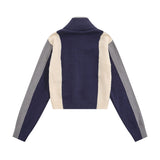 Women Sweater Color Matching College Fan Cardigan Zipper Stand Collar