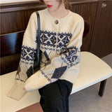 Women Knitted Cardigan Vintage Rhombus Thickened Coat