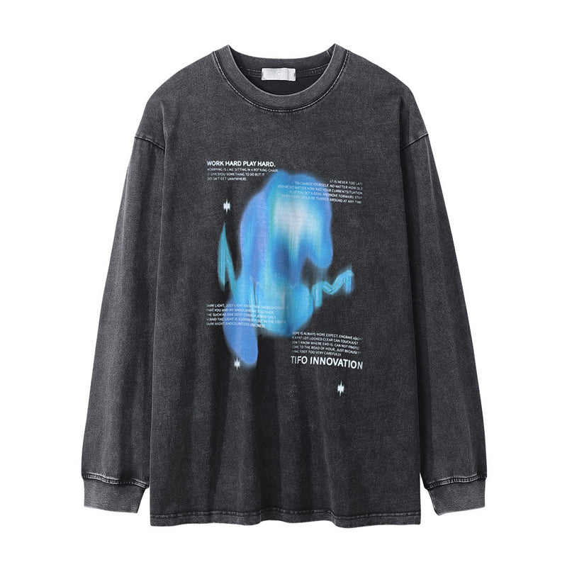 Men Long Sleeve T-Shirt Abstract Pattern Printing Washed Old