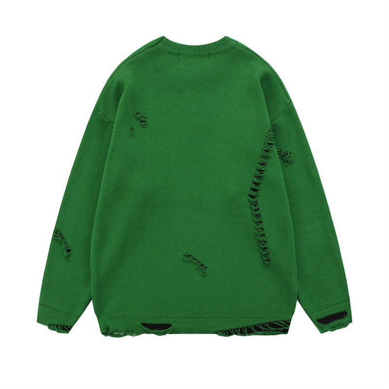 Men Sweater Crocheted Ripped Jacquard Crew Neck Sweater