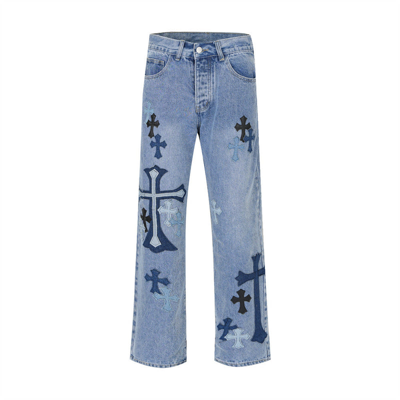 Men Jeans Cross Embroidery Patch Loose Cool