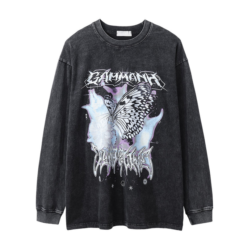 Men Long Sleeve T-Shirt Butterfly Print Distressed Trendy Loose