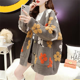Women Knitted Cardigan Flower Pattern Casual Loose Jacket
