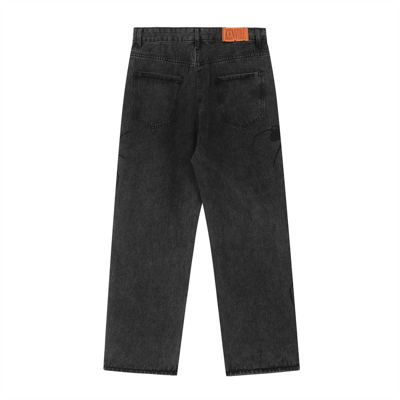 Men Jeans Spider Pattern Loose Make Old Ripped All-Match
