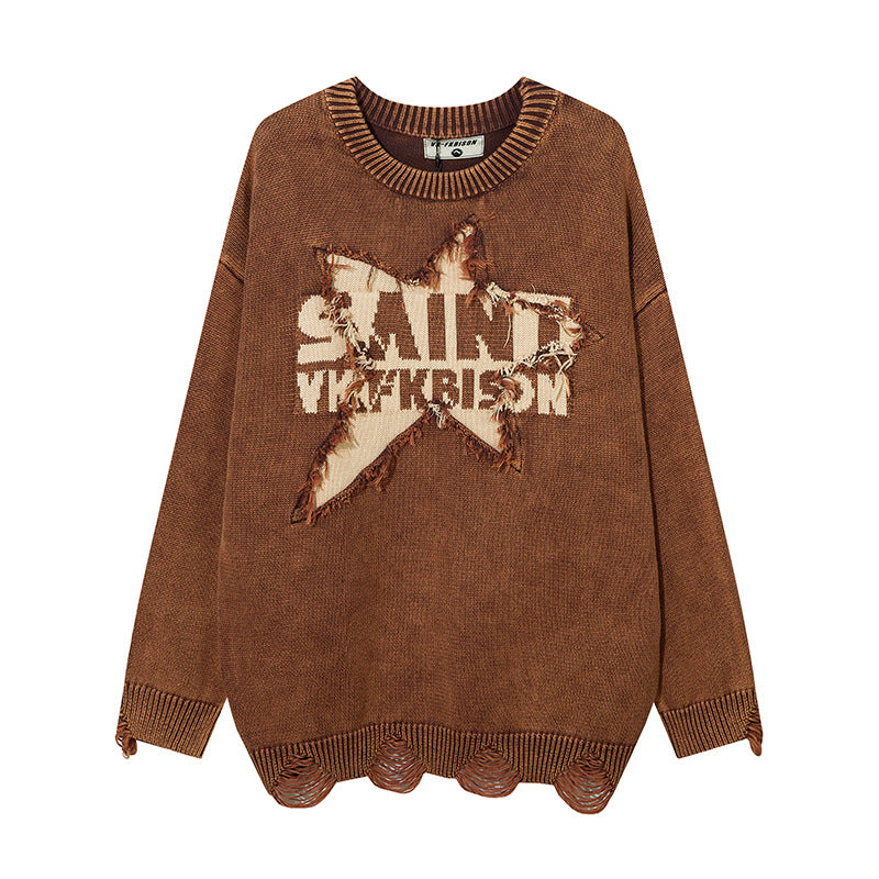 Men Sweater Heavy Washed Distressed Sweater Five-Pointed Star Ripped