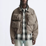 MIJKO Mens Jacket Multi Pocket Lapel Zip Mainstream Fashion Jacket
