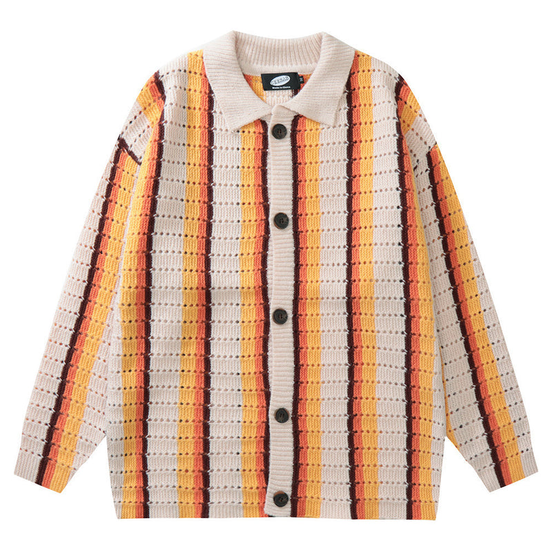 Men Sweater Crocheted Striped Hollow Lapel Knitted Cardigan