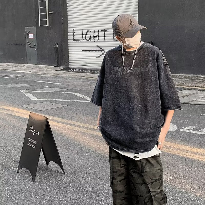 Men T Shirt Loose Casual Retro Distressed