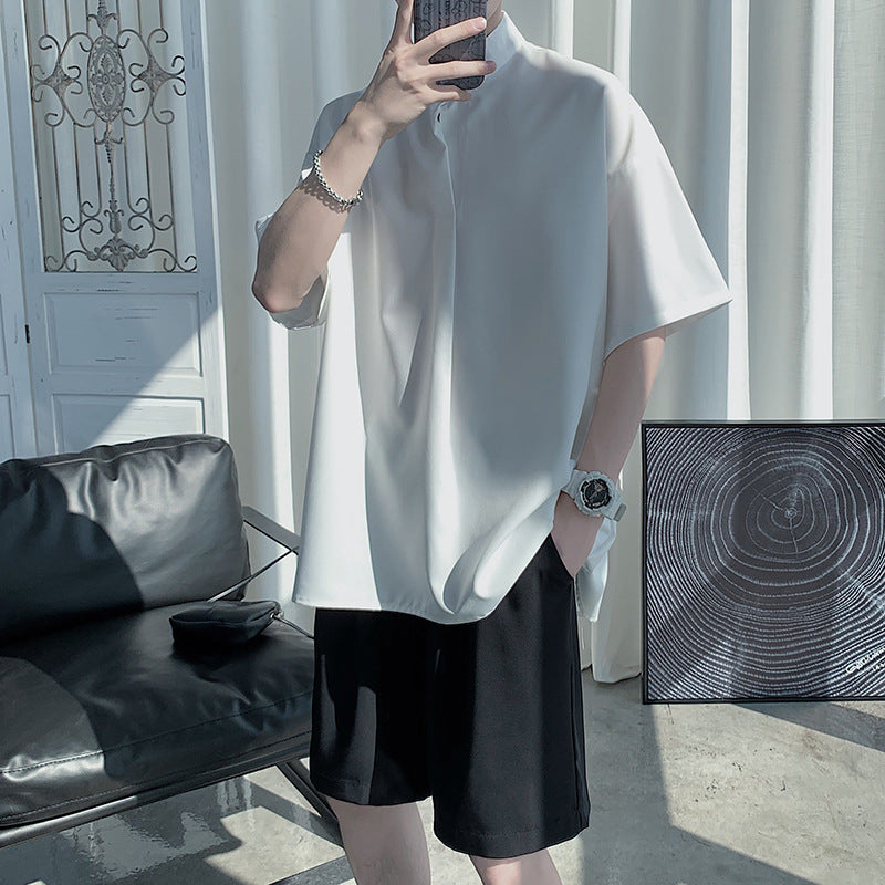 Men Shirts Solid Color Loose Summer Ice Silk