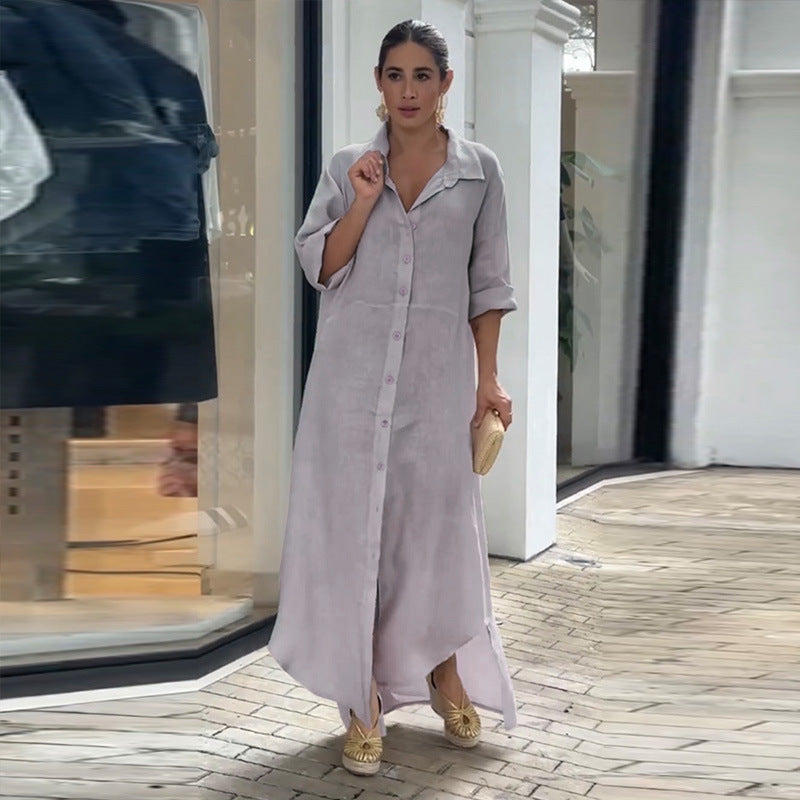 Women Dress Loose Lapels Cotton Linen Dress